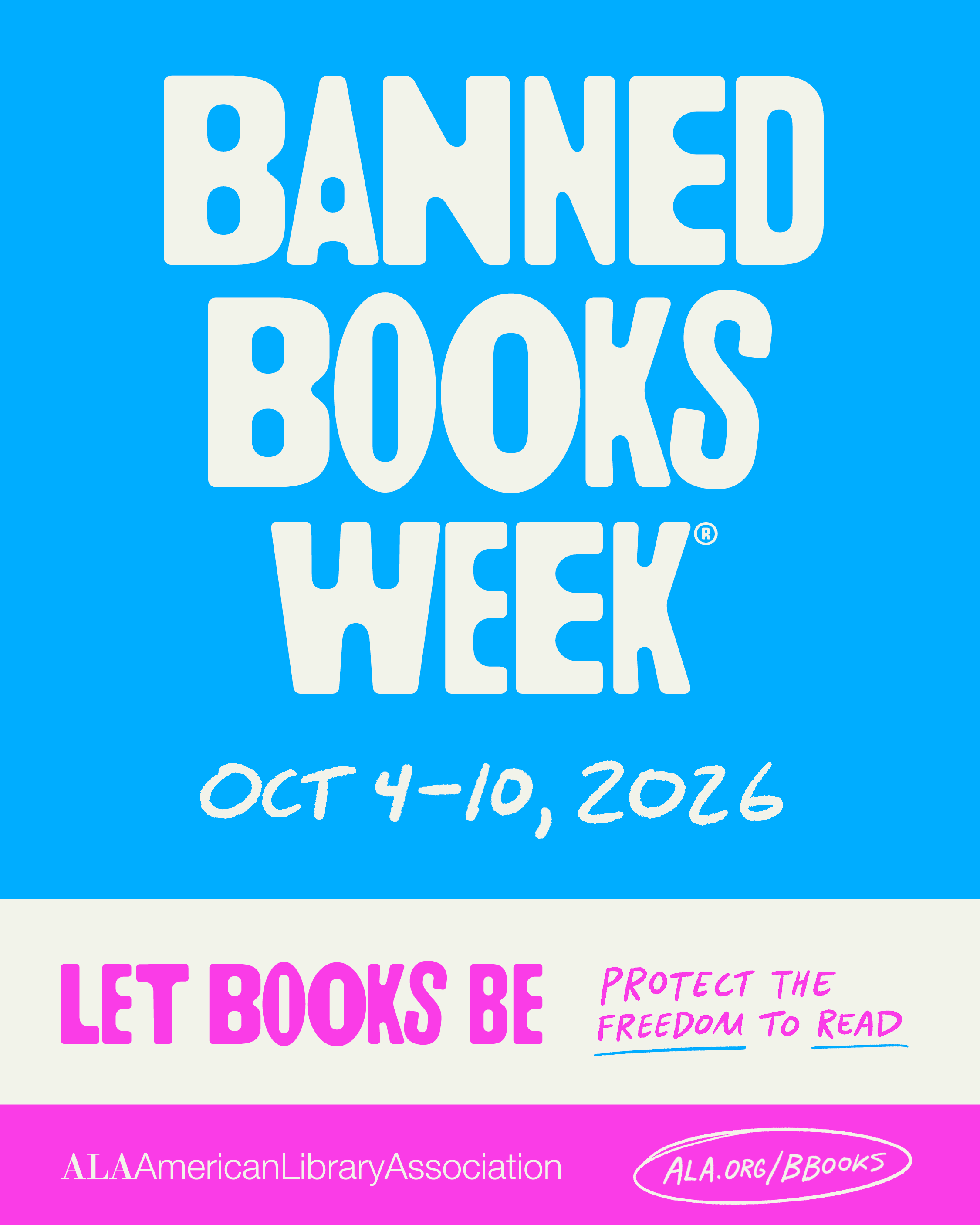 Banned Books Week 2026 Logo with light blue, white, and pink color with the dates of October 4-10 and the words Let Books Be