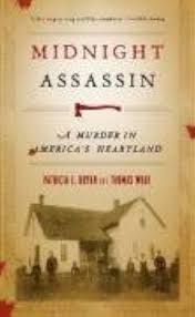 minight assassin book cover with a 1900's picture of a white farm house with people standing in front.