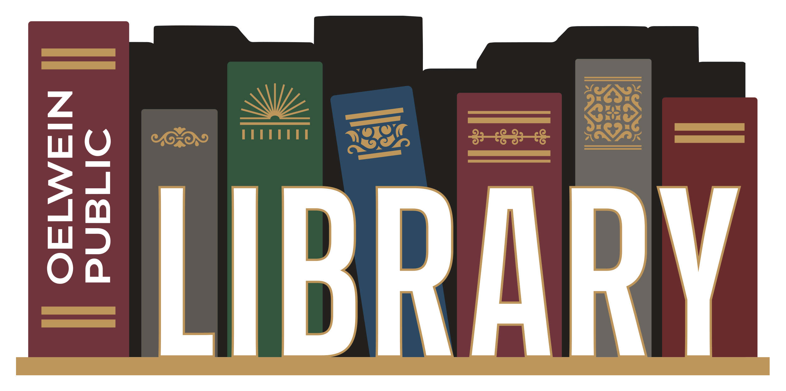 Multi-colored books on a shelf with words that say Oelwein Public Library