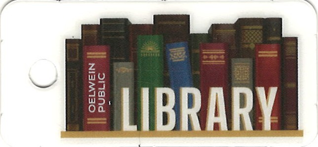 Picture of the library card with multicolored book spines with the words Oelwein Public Library