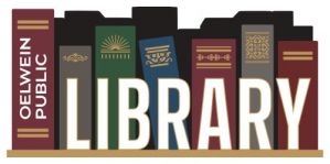 Colorful book spines with the Oelwein Public Library name